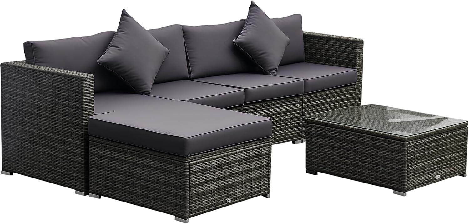 Outsunny 6 Piece Patio Furniture Set Outdoor Wicker Conversation Set All Weather PE Rattan Sectional Sofa Set with Ottoman, Cushions and Tempered Glass Table, Mixed Gray and Gray