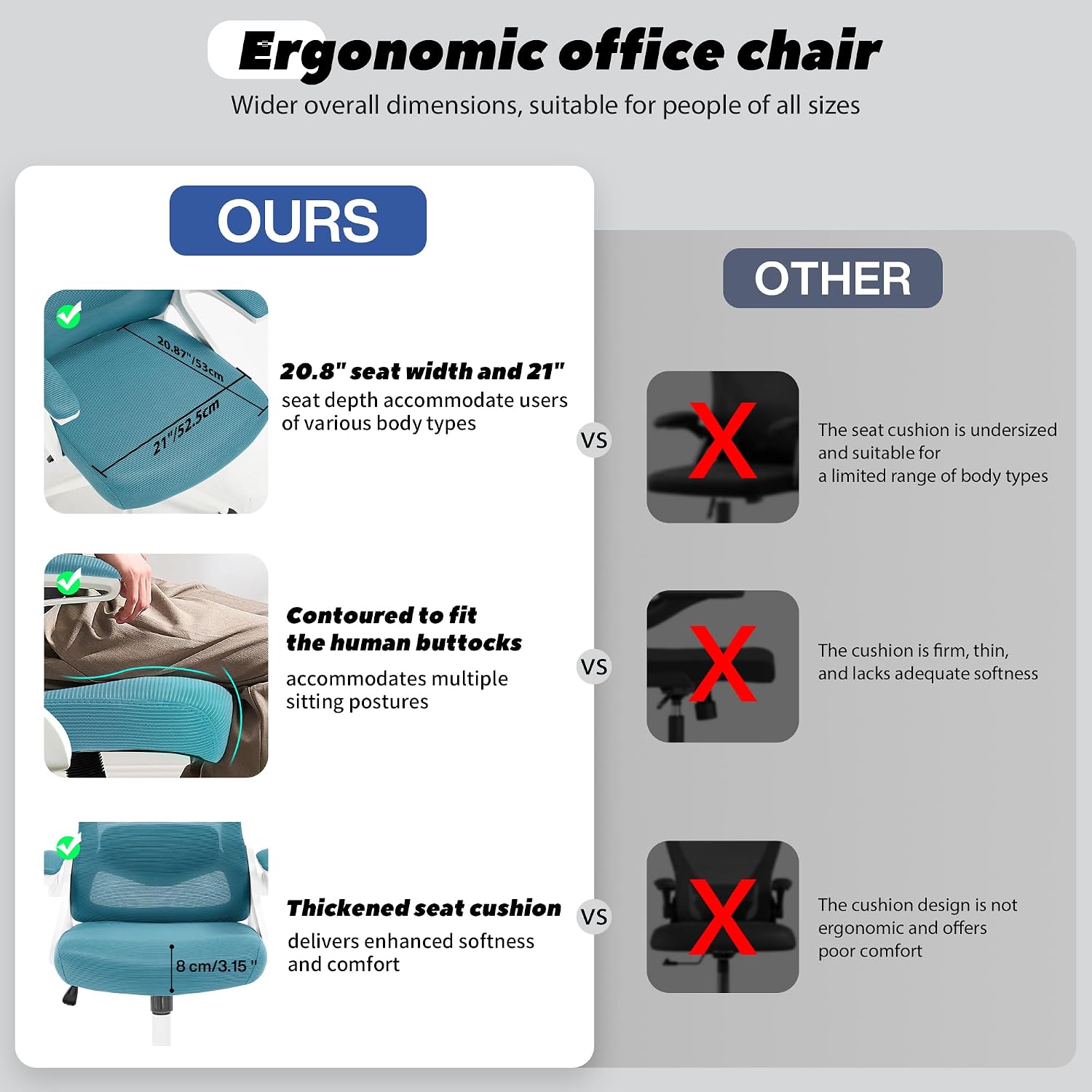 Fizzin Ergonomic Office Chair, 400 LBS Computer Chairs with Adjustable Lumbar Support, Breathable Mesh Desk Chair Ergonomic with Thickened Cushion, Comfy Home Office Desk Chair (Lake Blue)