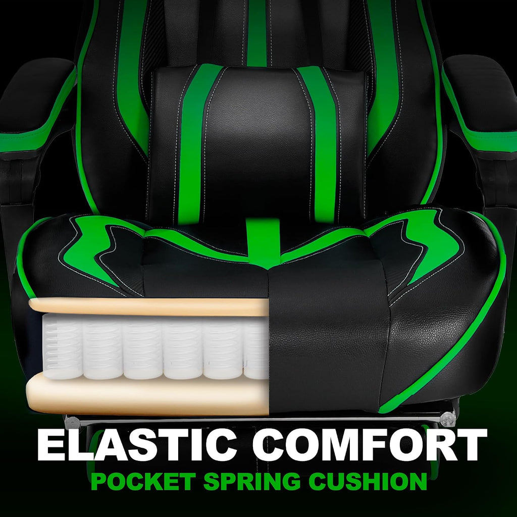 Vonesse Gaming Chair with Footrest, Big and Tall Gamer Chair with Massage, Reclining Computer Gaming Chair for Adults, Ergonomic Game Chair for Teens, High Back Video Game Chairs(Green/Black)