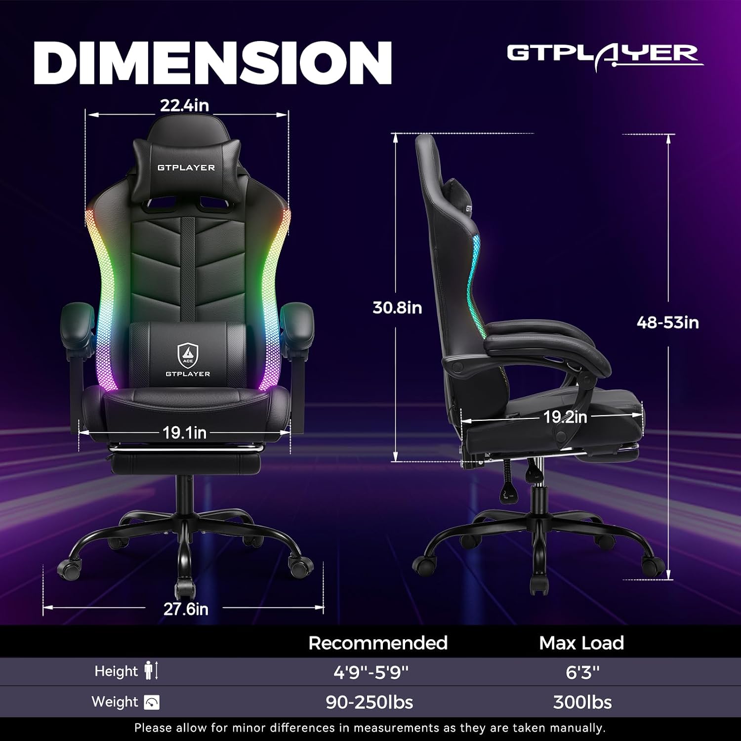 GTPLAYER RGB Gaming Chair with Footrest, Computer Gaming Chair with LED Lights for Adults, Height Adjustable PC Gamer Chair with 90-155° Recline & Removable Headrest Lumbar Support, RGB Black
