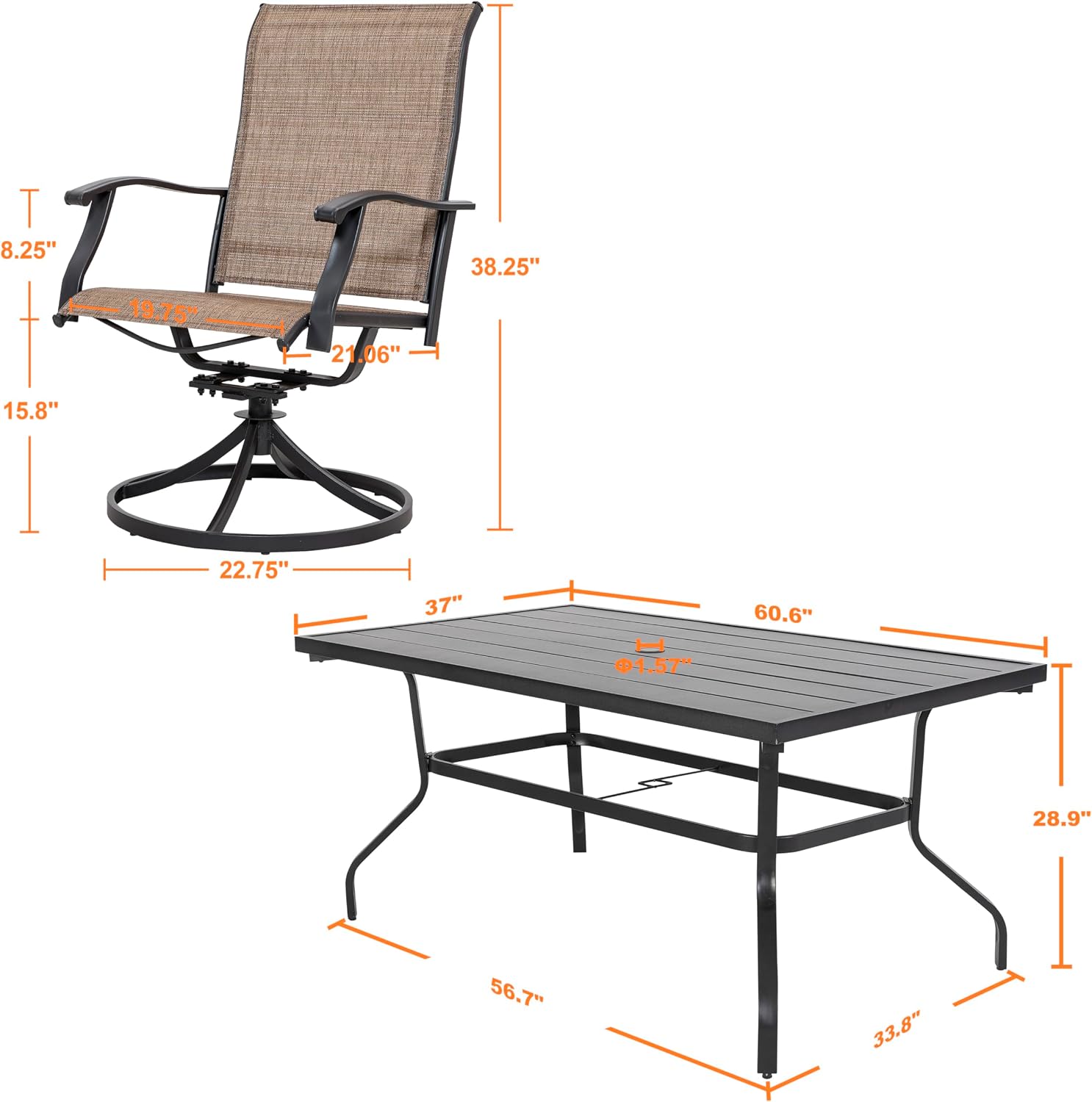 NUU GARDEN 7 Piece Outdoor Dining Set, 6 Swivel Patio Chairs and 1 Dining Table with 1.57 Inch Umbrella Hole, Iron Patio Furniture Set for Lawn Backyard Balcony, Black and Brown