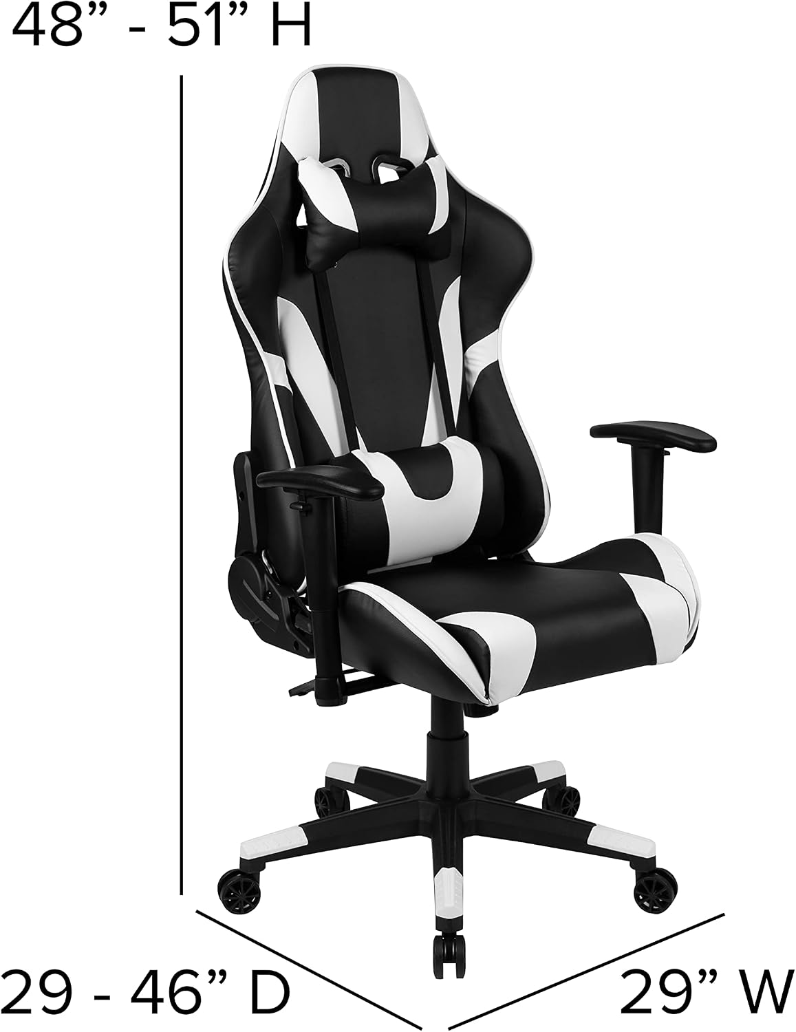 Flash Furniture X20 Fully Reclining LeatherSoft Racing Style Gaming Chair with Headrest, Lumbar Pillows, Ergonomic Swivel Computer Chair, Black/White