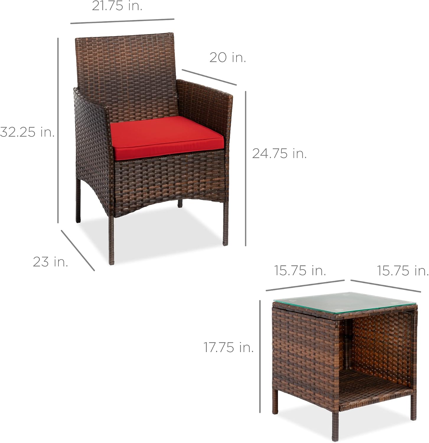 Best Choice Products 3-Piece Outdoor Wicker Conversation Bistro Set, Space Saving Patio Furniture for Garden w/Side Table - Brown/Red