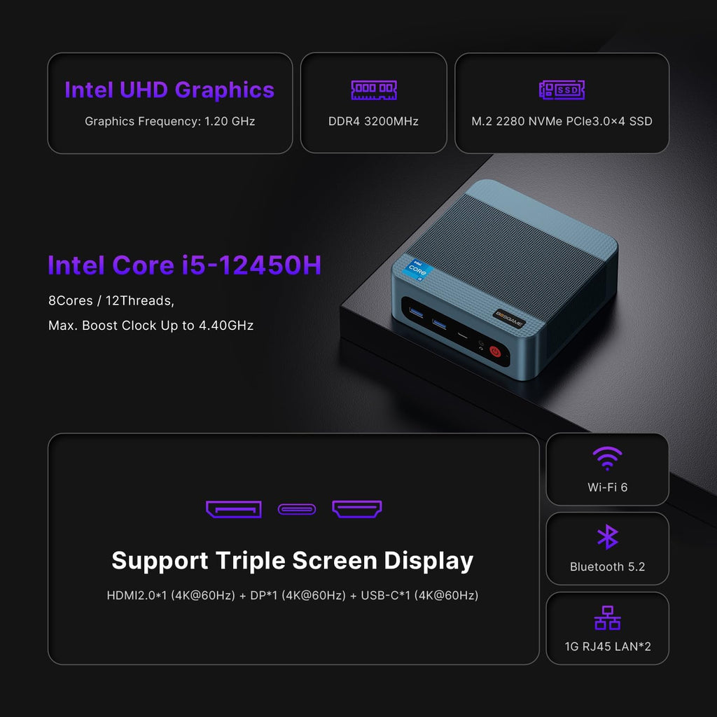 BOSGAME Mini PC Intel Core i5 12450H(8C/12T, up 4.4GHz), 16GB DDR4 RAM 1TB PCIe SSD, Mini Computers Dual LAN/4x USB3.2/WiFi6/BT5.2/HDMI+DP+USB-C/4K Triple Display