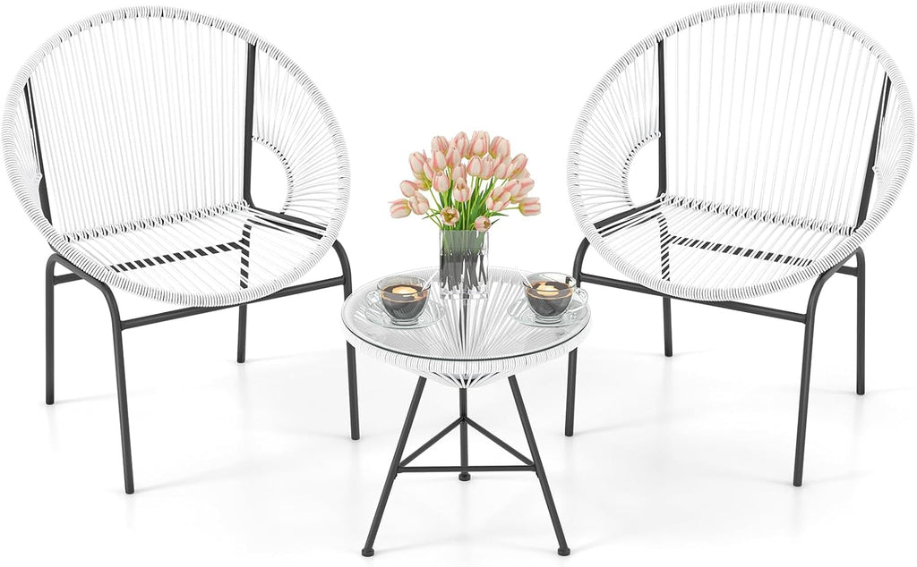 Tangkula 3 Piece Outdoor Patio Furniture Set, Acapulco Chair Set w/Plastic Rope, Tempered Glass Table, All Weather Patio Bistro Set for Patio, Lawn, Garden, Backyard