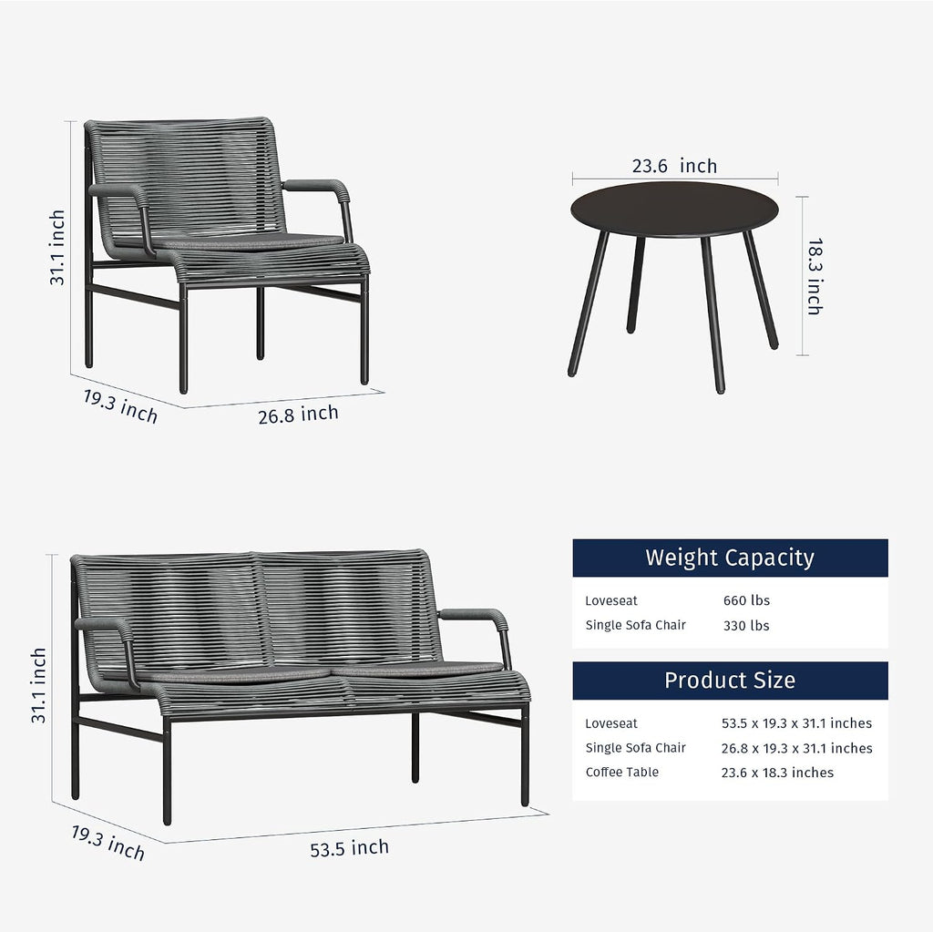 East Oak 4 Piece Patio Furniture Set, Outdoor Furniture with PE Wicker Rattan Chairs and Coffee Table, Modern Patio Conversation Set with Soft Pad for Garden, Backyard and Porch, Misty Grey