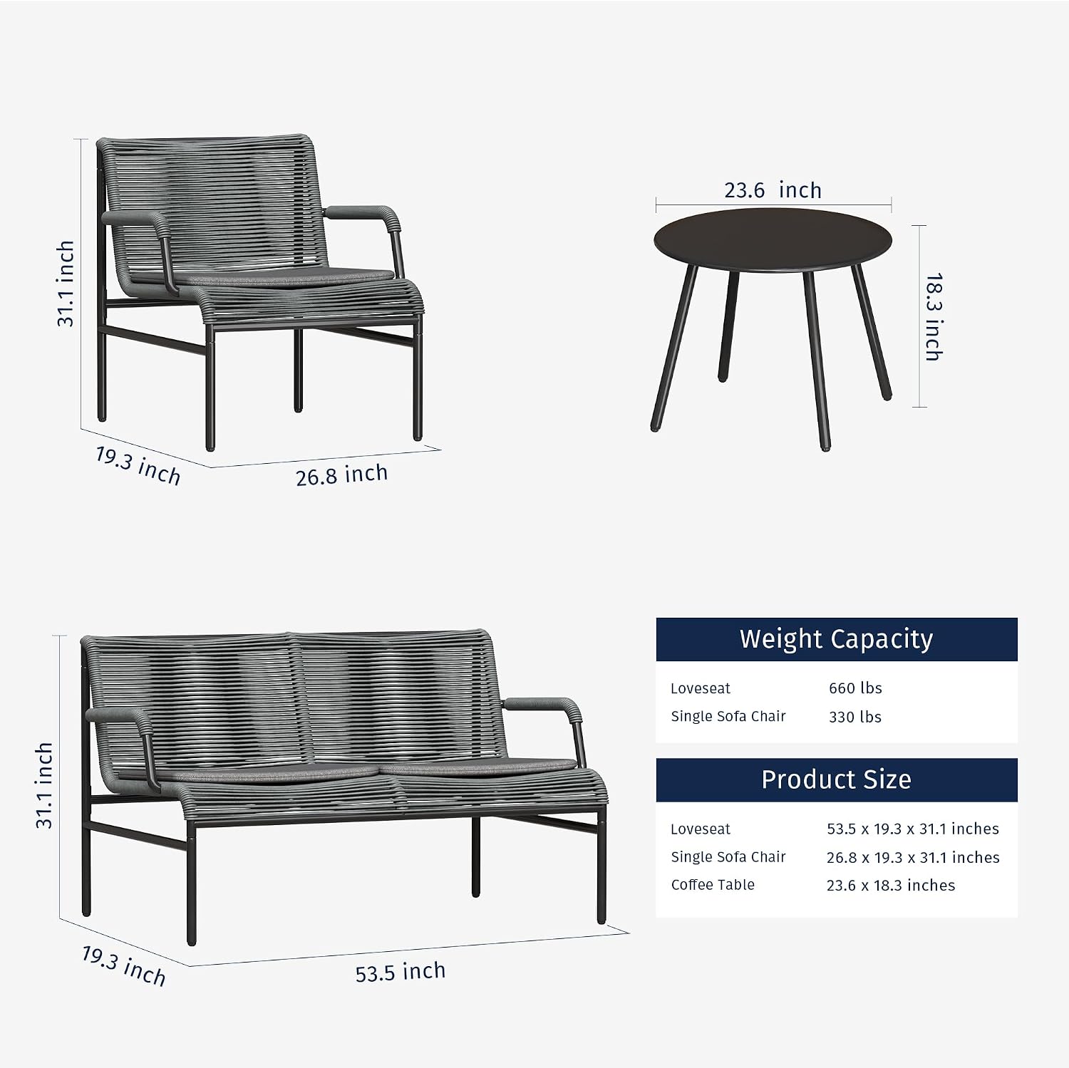 East Oak 4 Piece Patio Furniture Set, Outdoor Furniture with PE Wicker Rattan Chairs and Coffee Table, Modern Patio Conversation Set with Soft Pad for Garden, Backyard and Porch, Misty Grey