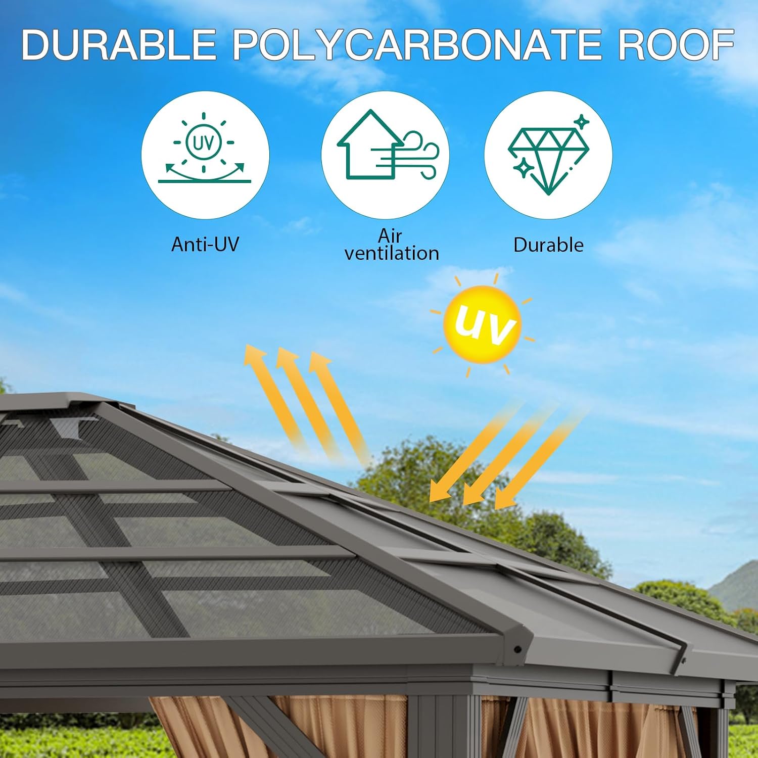 10'x12' Hardtop Gazebo, Outdoor Polycarbonate Single Roof Canopy, Aluminum Frame Permanent Pavilion with Curtains and Netting, Sunshade for Garden, Patio, Lawns