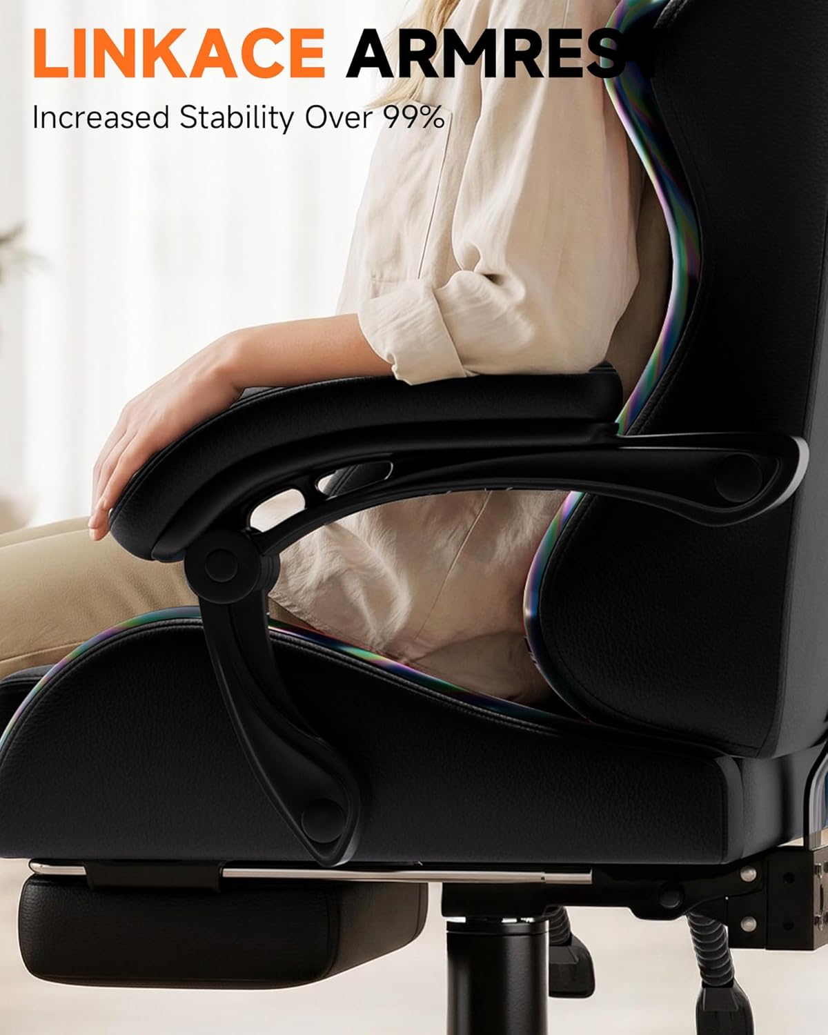 GTPLAYER Gaming Chair with Footrest, Computer Gaming Chair for Adults and Kids, Height Adjustable Gamer Chair with 90-155° Recline & Removable Headrest Lumbar Support, 01 Iridescent Black
