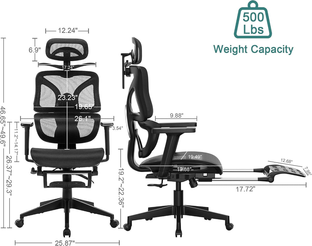 VECELO Swivel Ergonomic High Back Mesh Office Chair with Retractable Footrest, Adjustable Backrest, Tilt Function, 3D Armrests & Headrest, Lumbar Support for Executive/Computer Desk/Task Work, Black