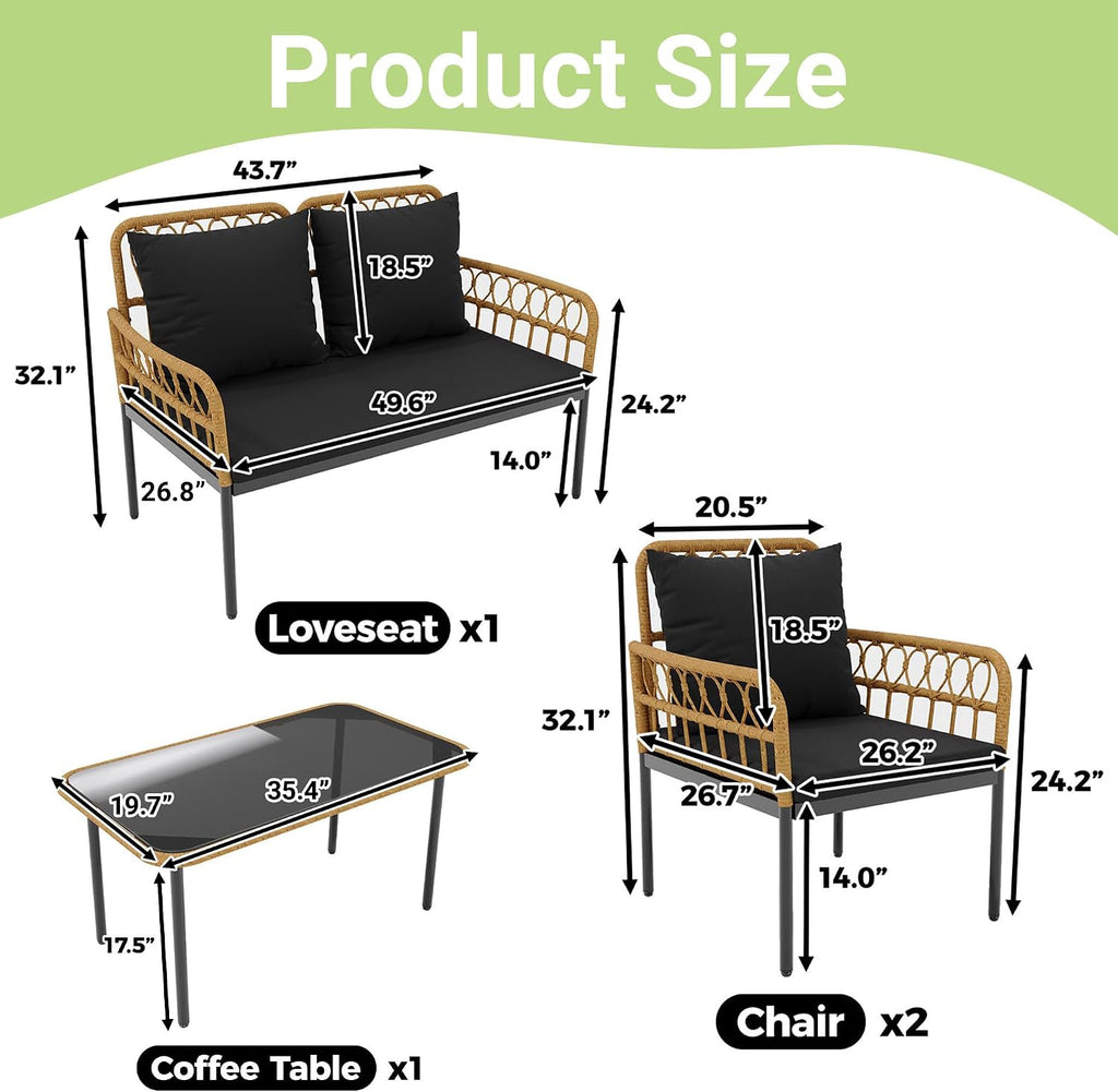 GarveeLife 4 Pieces Patio Furniture Sets Wicker Outdoor Patio Table and Chairs Set with Glass Side Table, Loveseat Chairs, Boho Rattan 4 Seater Conversation Sets for Backyard, Porch, Bistro, Black