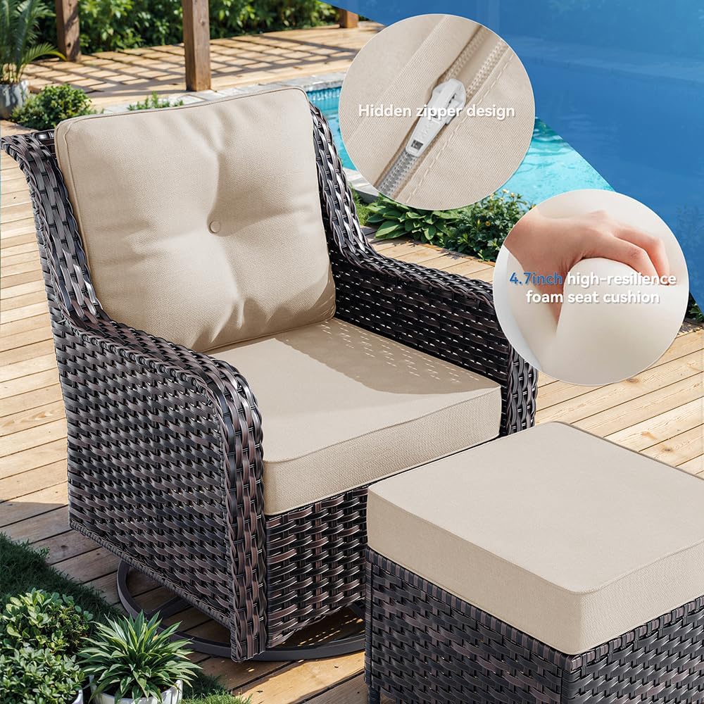 Kurapika 7-Piece Patio Furniture Set, Wicker Thick-Backed Outdoor Swivel Rocking Chair, Includes Coffee Table and Thick Cushions, Conversation Set for Porch,Patio, Sand