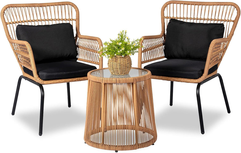 3 Piece Outdoor Wicker Furniture Bistro Set, Rattan Chairs Conversation Sets Wicker Patio Furniture for Balcony Poolside Backyard, Yellow/Black