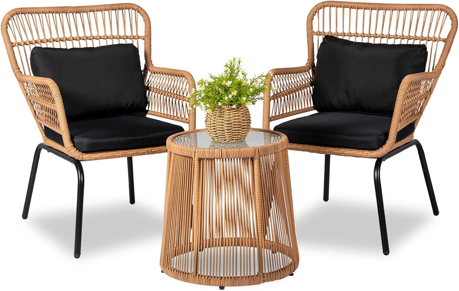 3 Piece Outdoor Wicker Furniture Bistro Set, Rattan Chairs Conversation Sets Wicker Patio Furniture for Balcony Poolside Backyard, Yellow/Black