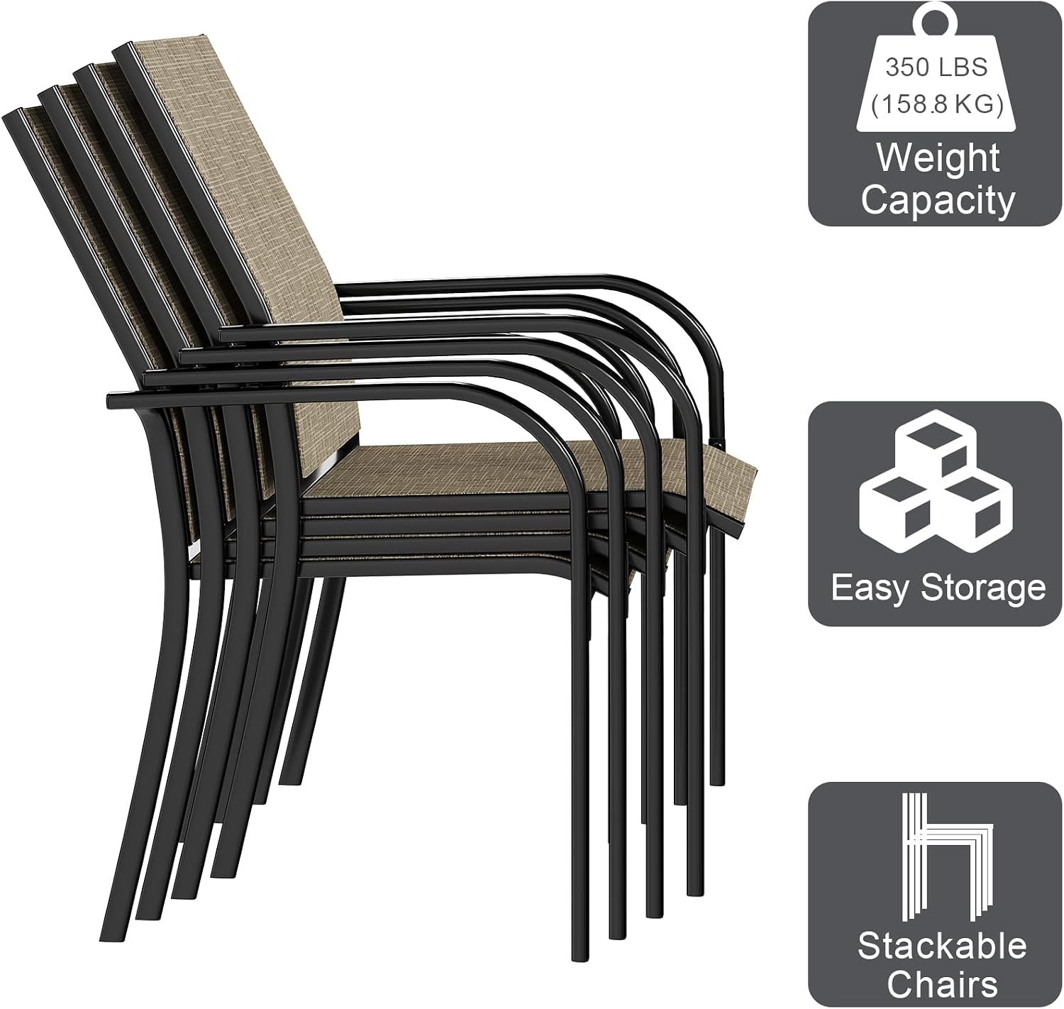 AECOJOY 5 Piece Patio Table and Chair Set for 4, Outdoor Dining Set Includes 51.2' Rectangle Table with 1.73' Umbrella Hole, 4 Stackable Textilene Chairs, for Garden, Backyard and Poolside, Dark Gray