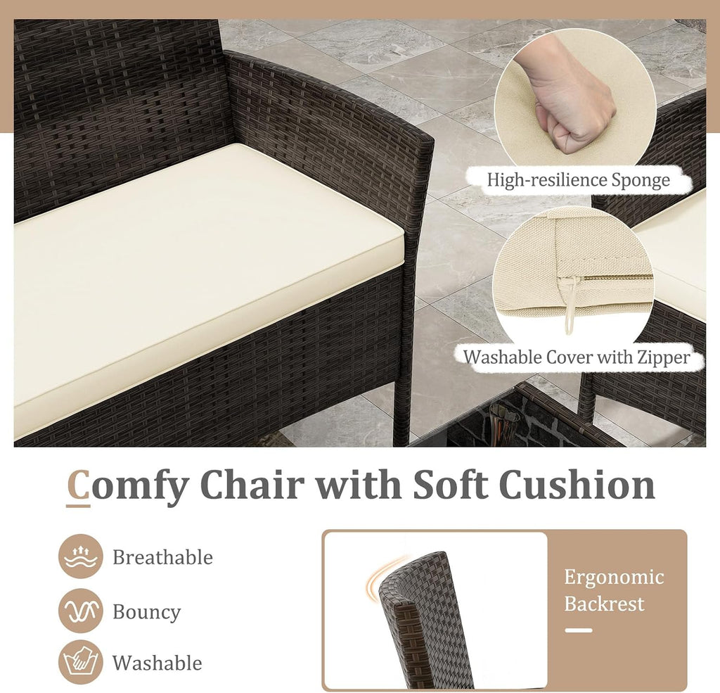KOTEK 4 Piece Patio Furniture Set, Outdoor Rattan Conversation Set with Loveseat, Wicker Chairs, Tempered Glass Coffee Table, Wicker Patio Set for Backyard, Porch Beige