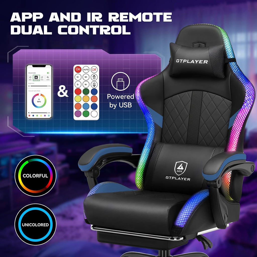 GTPLAYER RGB Gaming Chair with Speakers - LED Computer Game Chair for Adults, PC Home Office Chairs with Footrest & Lights, Reclining Desk Chairs, Dark Blue