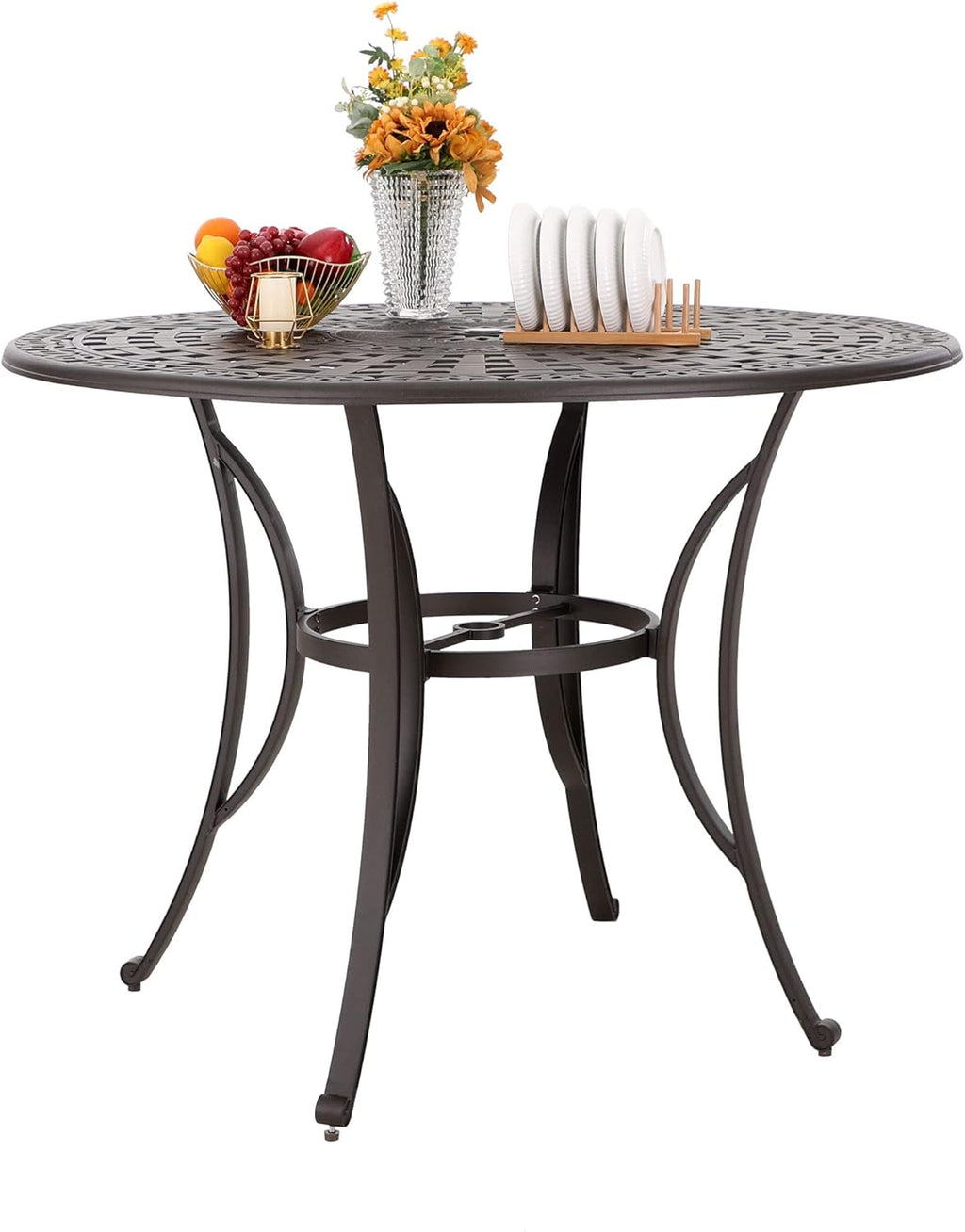 PHI VILLA Cast Aluminum Round High Bar Dining Tables for 6 Person, 54' Dia Engraved Cast-Top Aluminum Table with 2.1' Umbrella Hole, Patio Bar Height Table for Lawn Garden