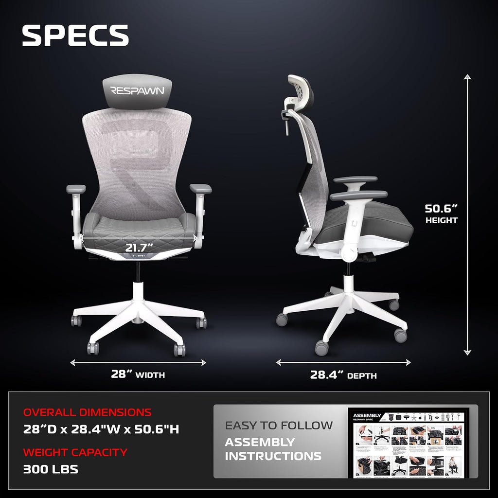 RESPAWN SPIRE Ergonomic Office Chair with Lumbar Support, Headrest, Adjustable Arms and Cooling Gel Seat Cushion, Comfy Breathable Mesh Seat for Home Office, High Back Reclining Gaming Chair - White