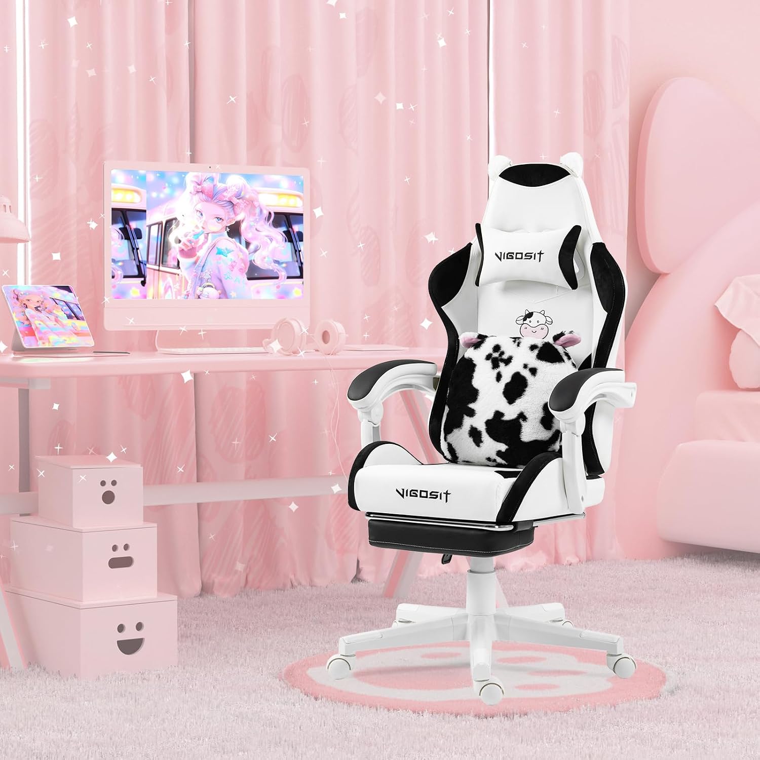 Vigosit Cute Cat Gaming Chair with Paw Lumbar Cushion, PC Video Gamer Chair for Girl Teen Woman (Black White)