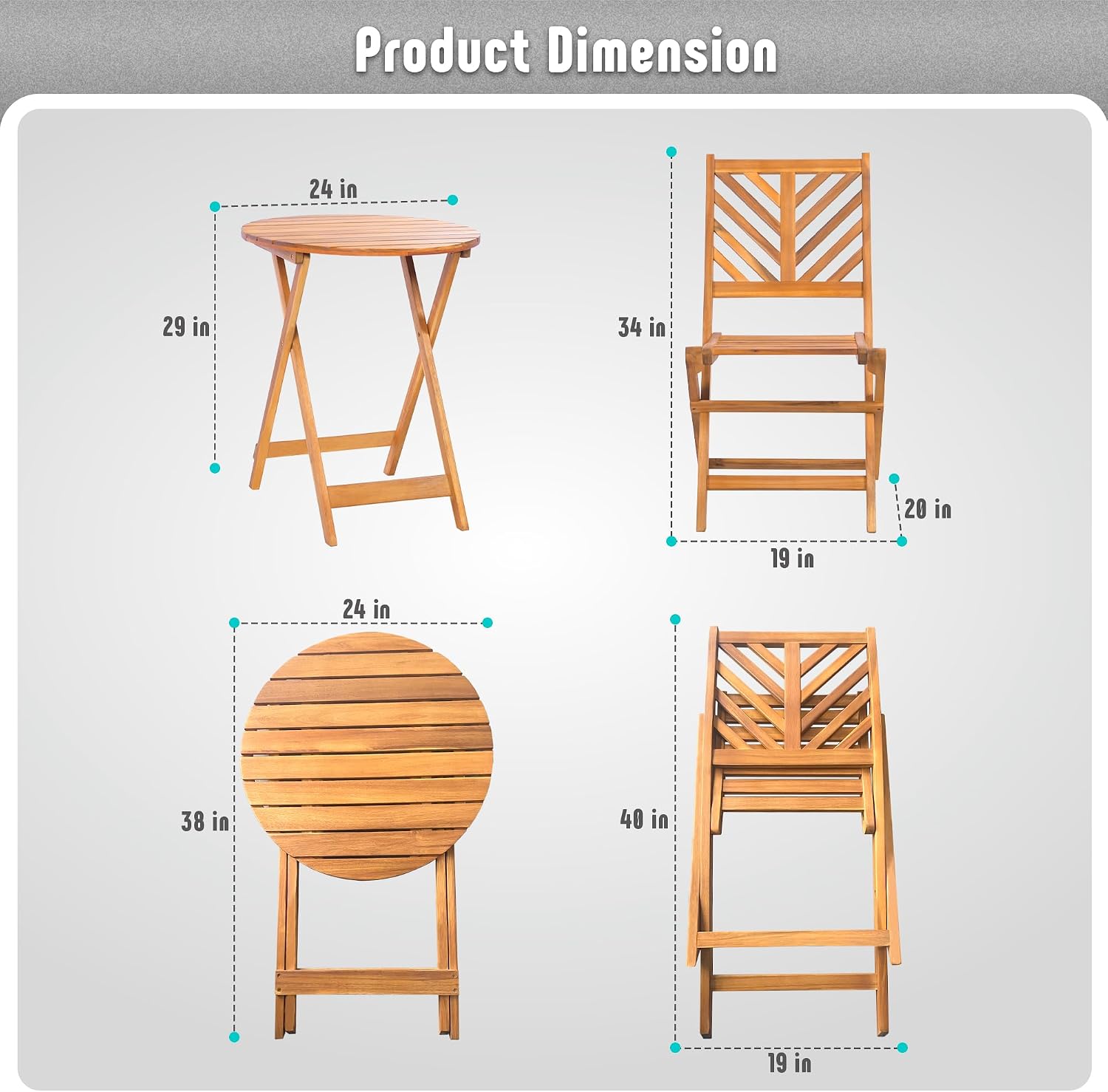 Werph 3-Piece Acacia Wood Patio Set, Foldable Bistro Table and Chairs Set of 2, Small Patio Furniture Set with Cushions, Folding Balcony Chairs Table Set for Apartment, Balcony, Deck or Porch