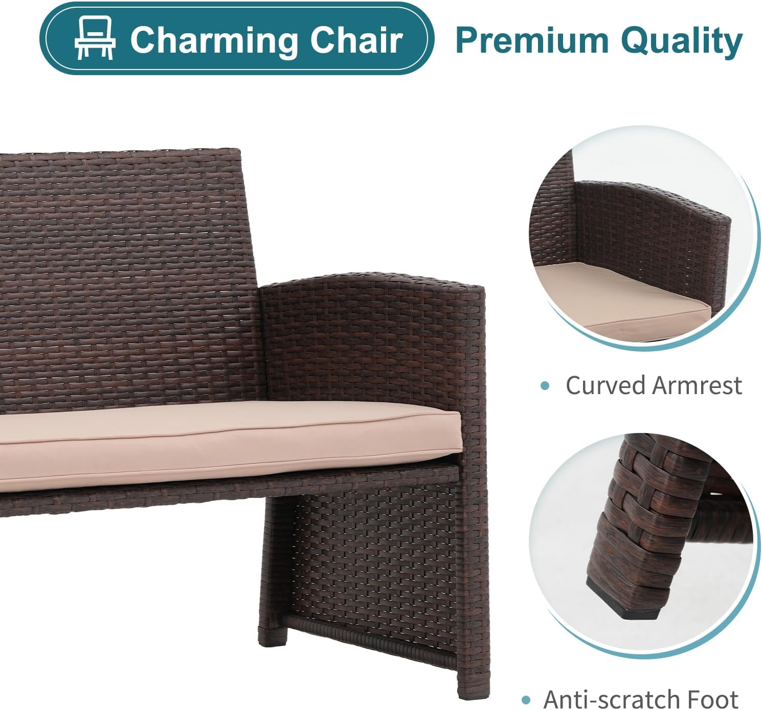 OC Orange-Casual Outdoor Loveseat 3 Piece Patio Furniture Set Outdoor Conversation Set All-Weather Wicker Love Seat with Ottoman/Side Table, Brown Rattan, Beige