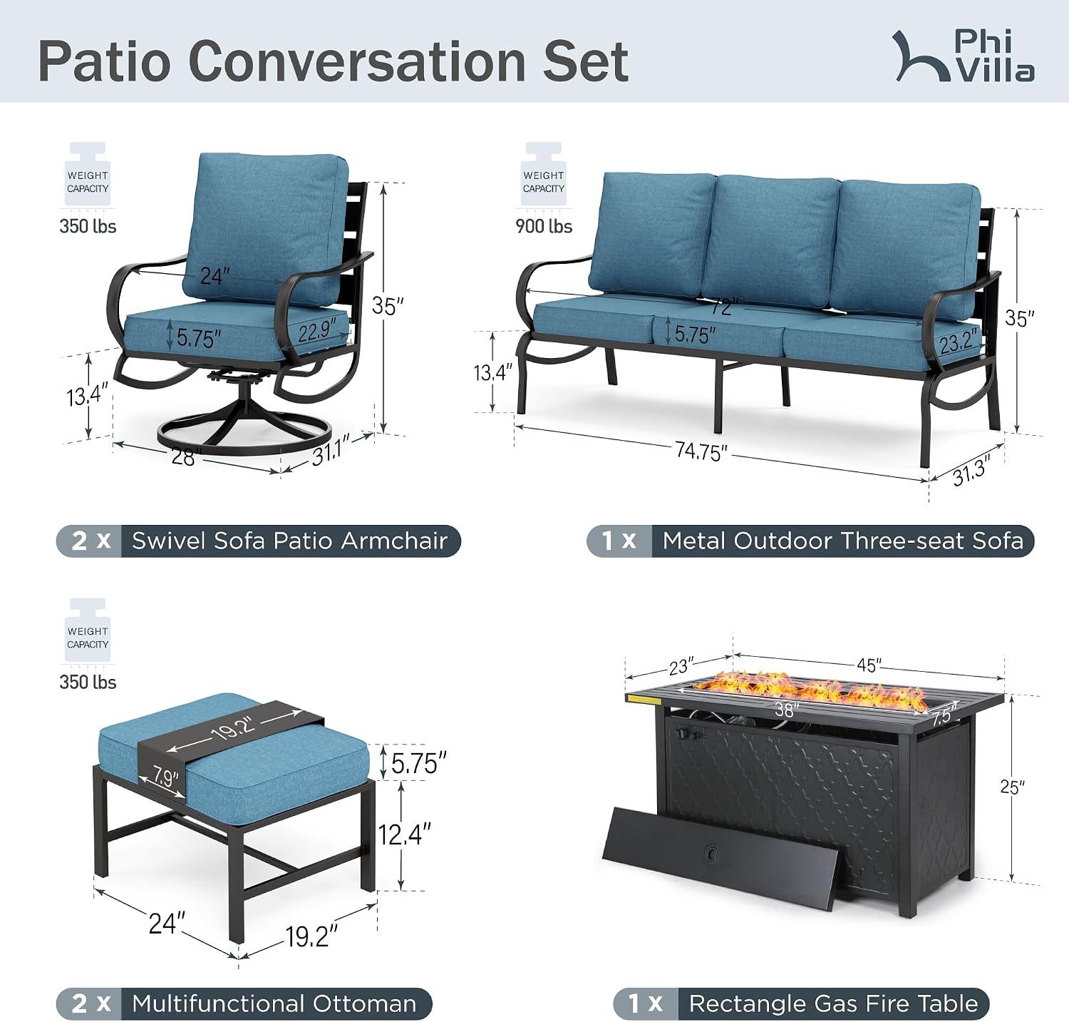 PHI VILLA Patio Furniture Set with FirePit Table, Outdoor Furniture with 1 x 3-Seat Deep Seating Bench, 2 x Swivel Sofa Chairs & 2 Ottomans, 5.75' Cushioned Outdoor Conversation Set for 5, Navy Blue