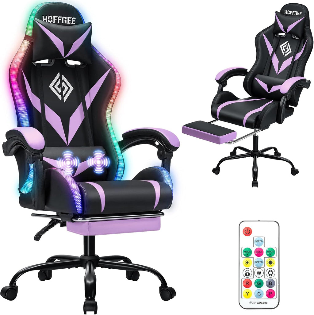HOFFREE Gaming Chair with LED RGB Lights Massage Ergonomic Video Game Chairs with Footrest High Back Reclining Computer Chair with Adjustable Lumbar Support Purple and Black