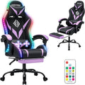 HOFFREE Gaming Chair with LED RGB Lights Massage Ergonomic Video Game Chairs with Footrest High Back Reclining Computer Chair with Adjustable Lumbar Support Purple and Black