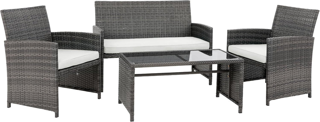 4 Piece Patio Ratten Set Outdoor Furniture Set Wicker Conversation Set with Cushions and Tempered Glass Tabletop,Beige