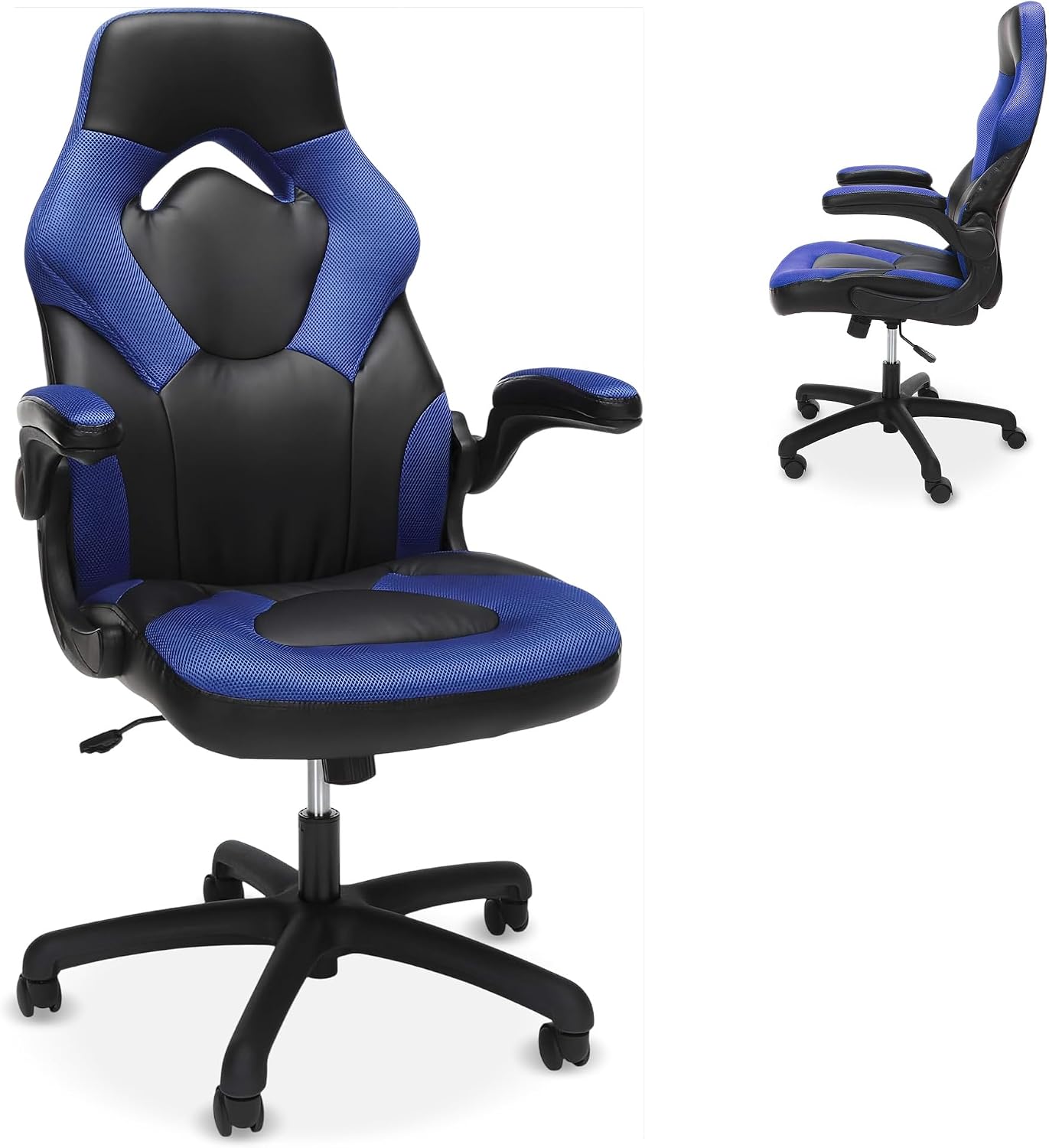 RESPAWN 3085 Ergonomic Gaming Chair for Adults, High Back Office Chair with Headrest and Flip Up Arms, Leather Racing Style Gaming Seat with Lumbar Support, Video Game Computer Desk Seat - Blue