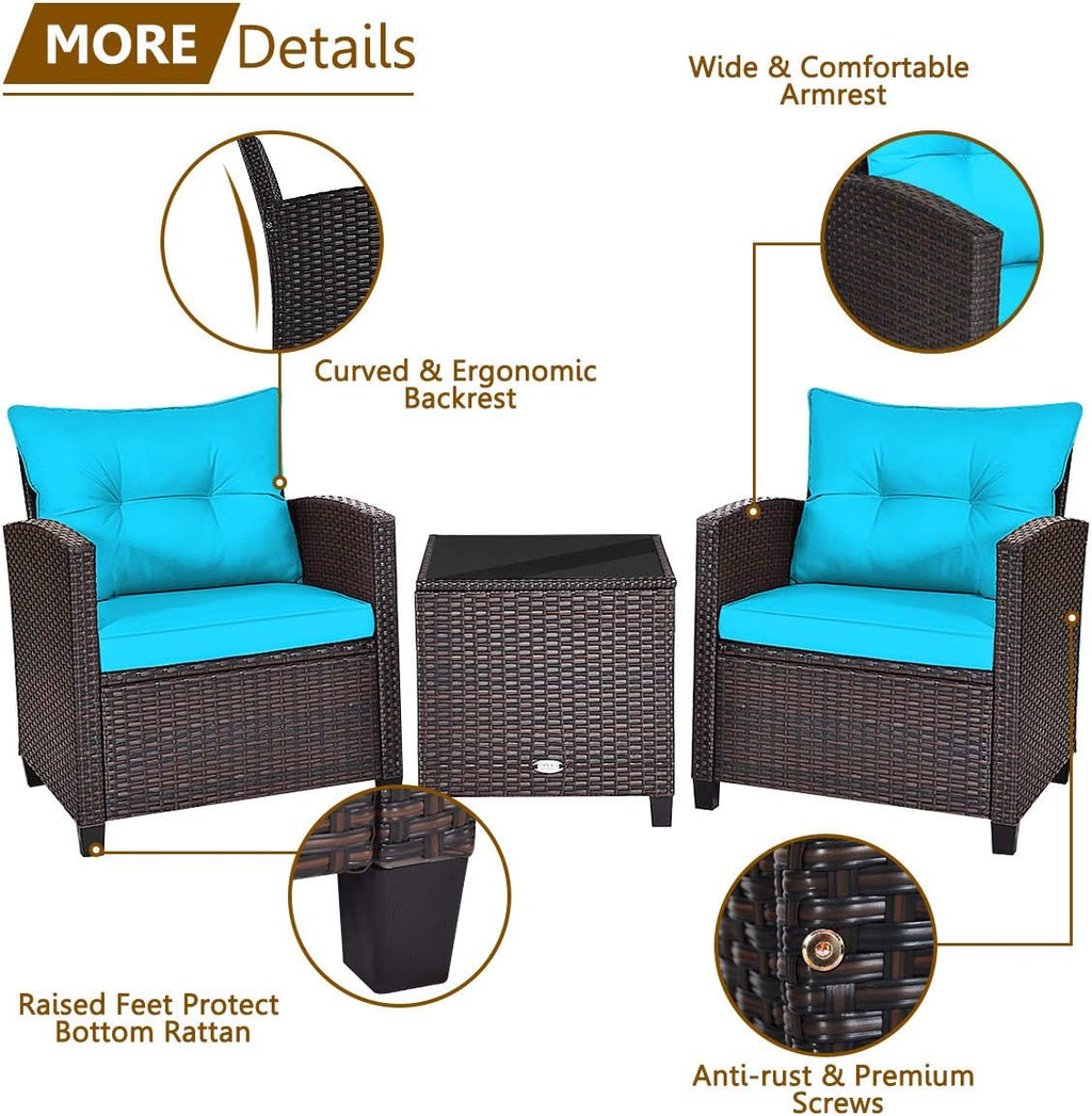 KOTEK 3 Piece Patio Furniture Set, Outdoor Conversation Set with Washable Cushions & Tempered Glass Tabletop, PE Rattan Wicker Bistro Set for Porch, Garden, Balcony (Turquoise)