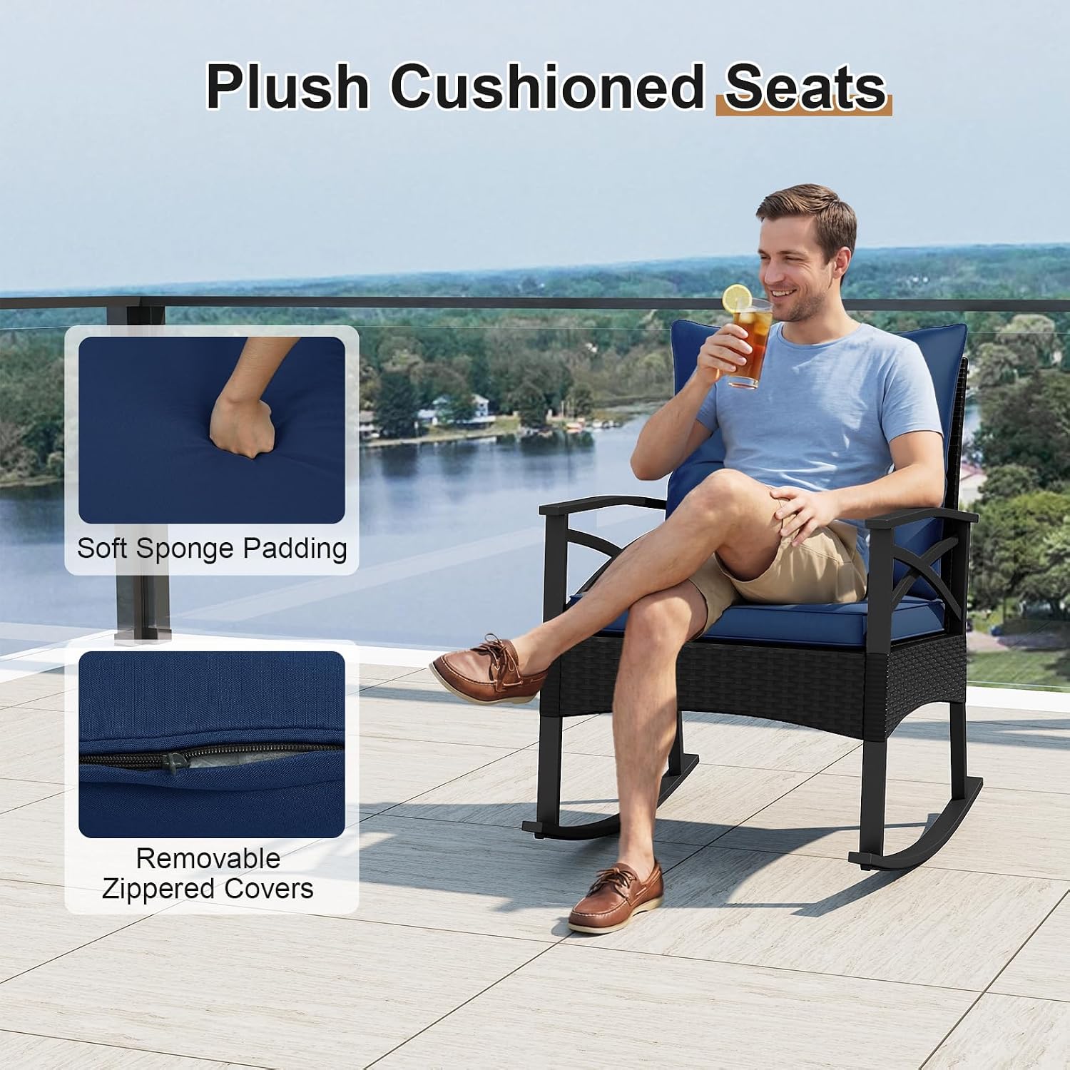 Tangkula 3 Pieces Outdoor Rocking Chairs Set, Rattan Heavy Duty Cushioned Rocker Chairs with 2-Tier Tempered Glass Coffee Table, for Garden, Balcony, Backyard (Black+Navy)