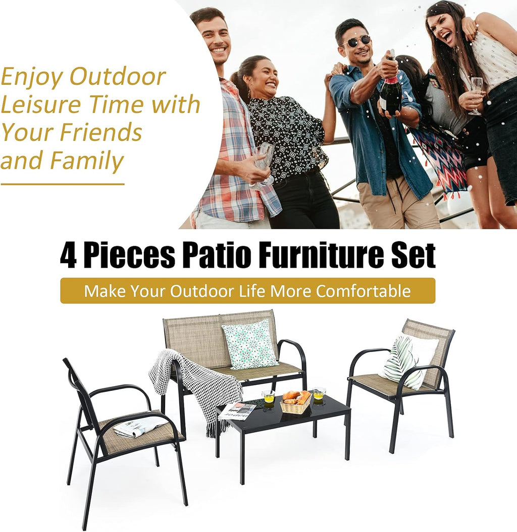 Tangkula 4 Pieces Patio Furniture Set, Metal Frame Heavy Duty Outdoor Conversation Set, Includes Glass Top Coffee Table, 2 Armrest Chairs and Loveseat, Suitable for Lawn Garden Porch Balcony (Brown)