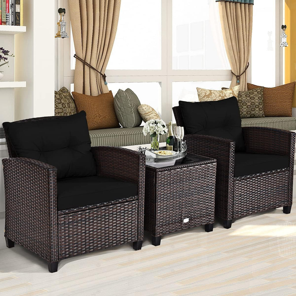 KOTEK 3 Piece Patio Furniture Set, Outdoor Conversation Set with Washable Cushions & Tempered Glass Tabletop, PE Rattan Wicker Bistro Set for Porch, Garden, Balcony (Black)