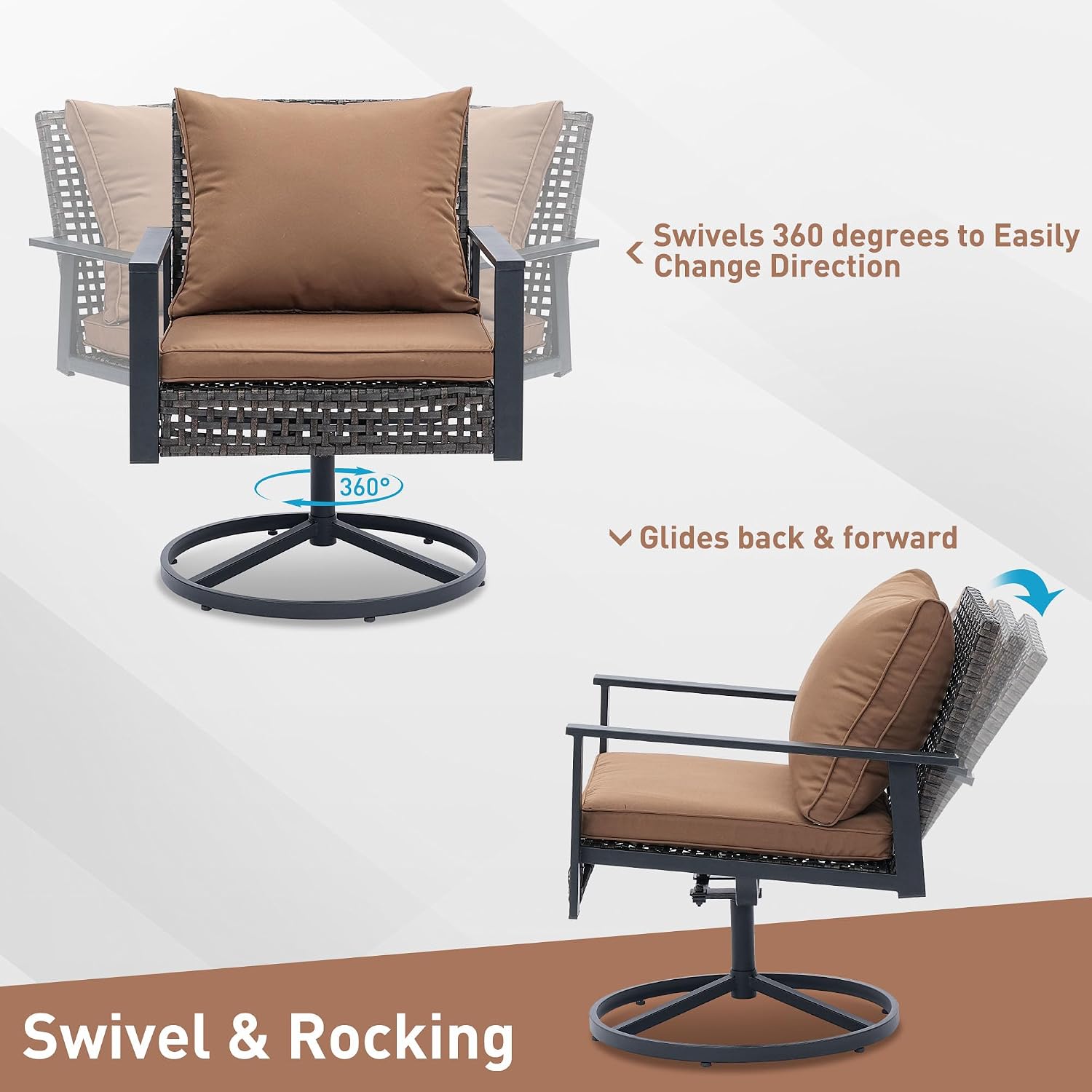 Ainfox 3 Pieces Patio Wicker Chairs Swivel Rocker, Outdoor Swivel Rocker Patio Chairs with Rattan Side Table, Patio Furniture Set for Patio Balcony Pool, Brown