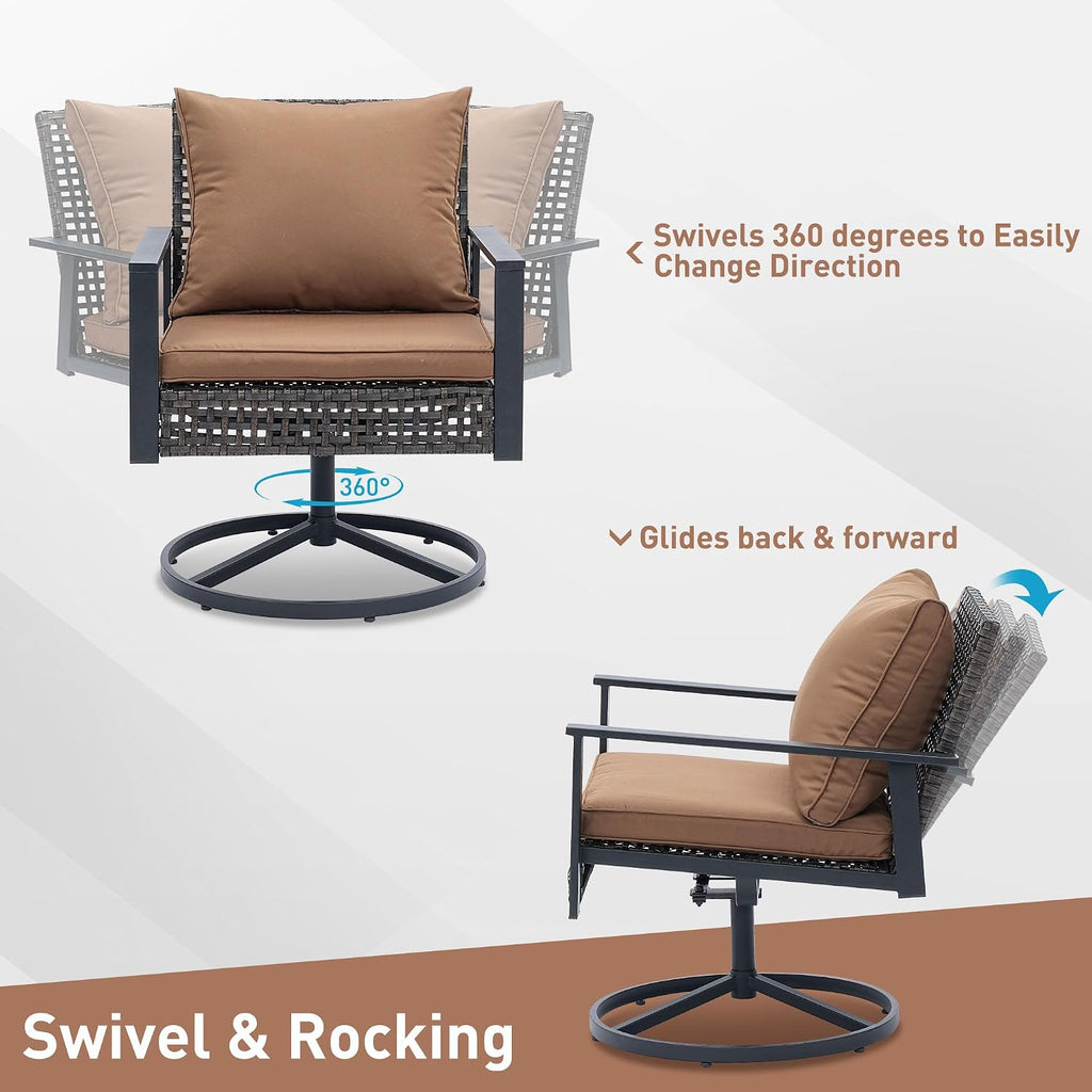 Ainfox Patio Furniture Set 4 Pieces, Patio Wicker Rattan Swivel Rocker, Outdoor Swivel Rocking Chairs Set with Loveseat, Garden Conversation Bistro Sets for Porch, Pool, Backyard Brown
