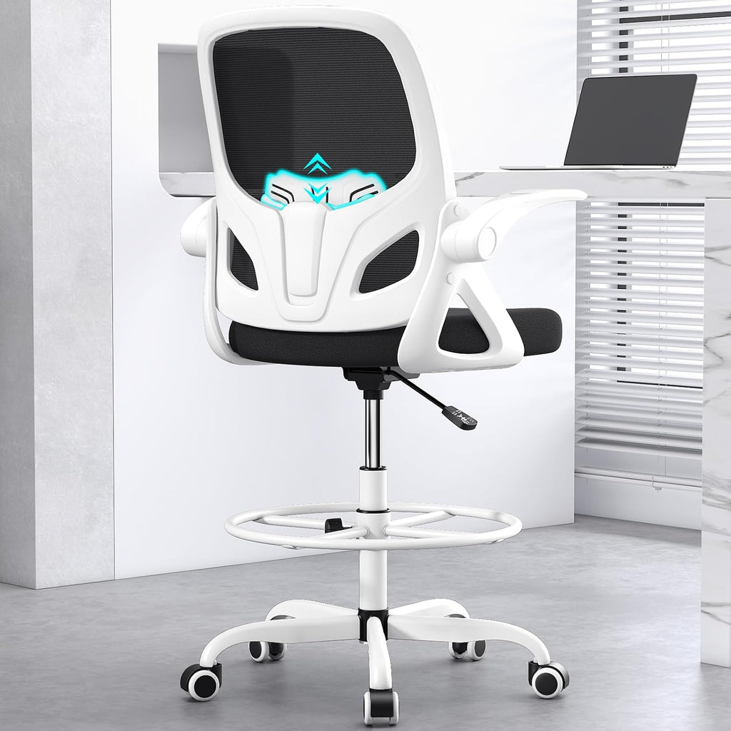 Kensaker Drafting Chair Tall Office Chair, Ergonomic Standing Desk Chair with Adjustable Foot Ring and Flip-up Armrests, Mesh Computer Chair for Art Studio, 300 LBS, White
