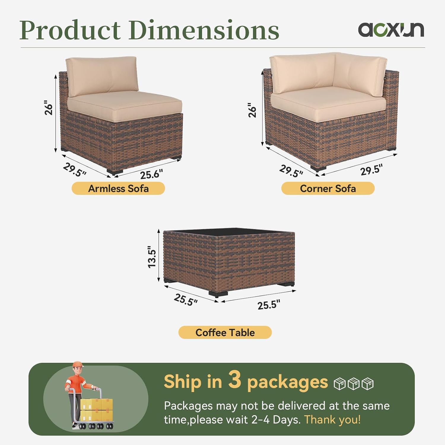 Aoxun 10 Piece Patio Furniture Set Wicker Rattan Patio Conversation Set Outdoor Sectional Sofa Set with Coffee Table and 4' Thickened Cushions, Beige(Waterproof Cover Included)