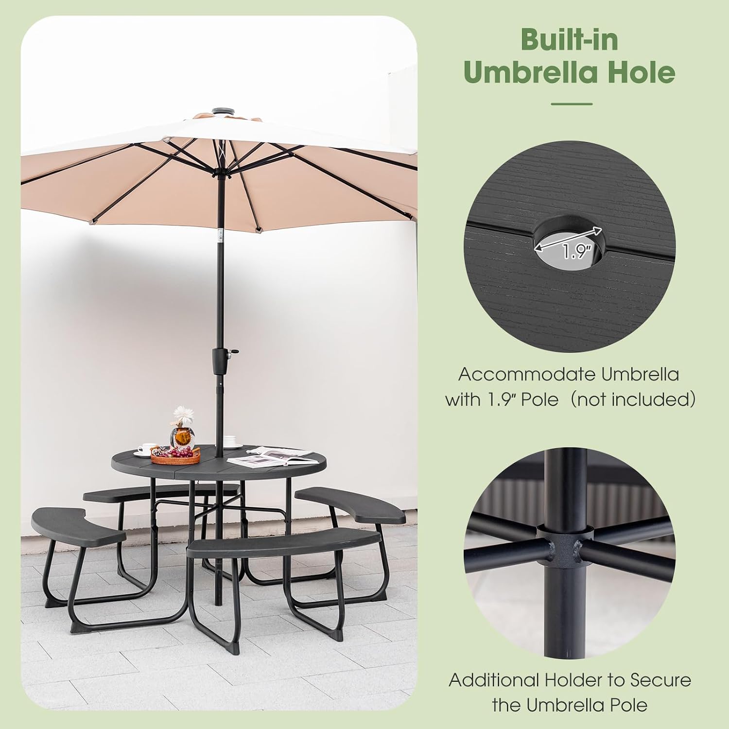 Giantex Picnic Table Set for Up to 8 Persons, Round Outdoor Table and Bench Set with Umbrella Hole, HDPE Top & Metal Frame, 2000LBS Capacity, Patio Table Bench for Deck Backyard Garden (Black)