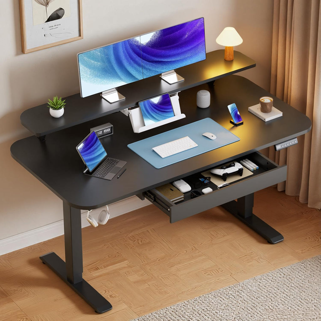 GTPLAYER Electric Standing Desk with Drawers, 48 x 24 Inches Height Adjustable Computer Desk with Monitor Stand, Laptop Stand, Home Office Sit Stand Up Desk with Memory Preset, Black
