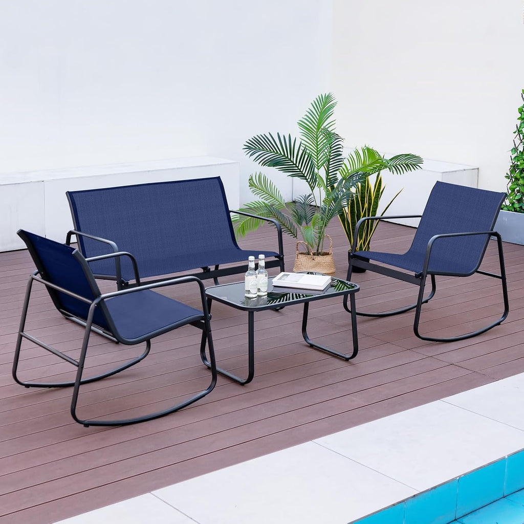 Tangkula 8 Piece Rocking Patio Furniture Set, 4 Rocking Chairs & 2 Loveseat with Glass-Top Table, Patio Rocking Set with Smooth Rocking Motion, Outdoor Rocker Conversation Set for Porch, Yard