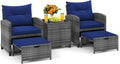 KOTEK 5 Pieces Patio Furniture Set with Ottomans, Wicker Patio Conversation Set with Coffee Table & Cushions, PE Rattan Outdoor Lounge Chairs for Backyard, Porch, Poolside (Mix Grey- Navy)