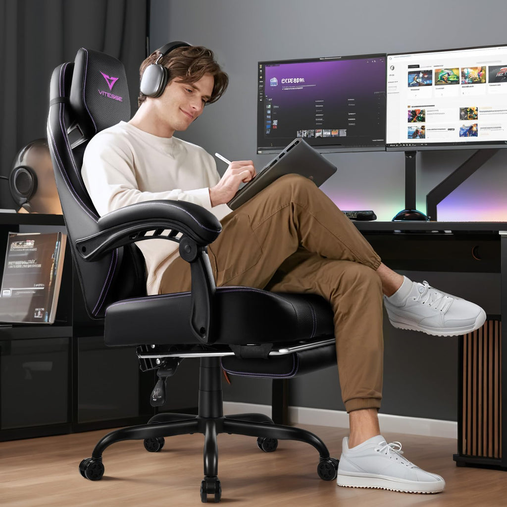 VITESSE Big and Tall Gaming Chair 400lb Weight Capacity with Footrest, Ergonomic Video Game Chair for Adults with Oversized Headrest and Lumbar Pillow, Computer Chair Gaming for Office (Black+Purple)
