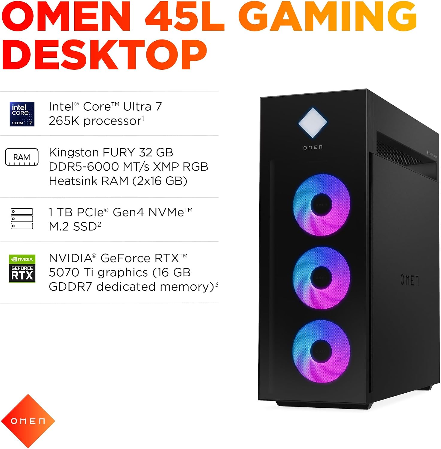 HP OMEN 45L Gaming Desktop, Intel Core Ultra 7 265K, 32 GB RAM, 1 TB SSD, NVIDIA GeForce RTX 5070 Ti, Windows 11 Pro, Microsoft Copilot, Tempered Glass, GT22-3060 (2025)