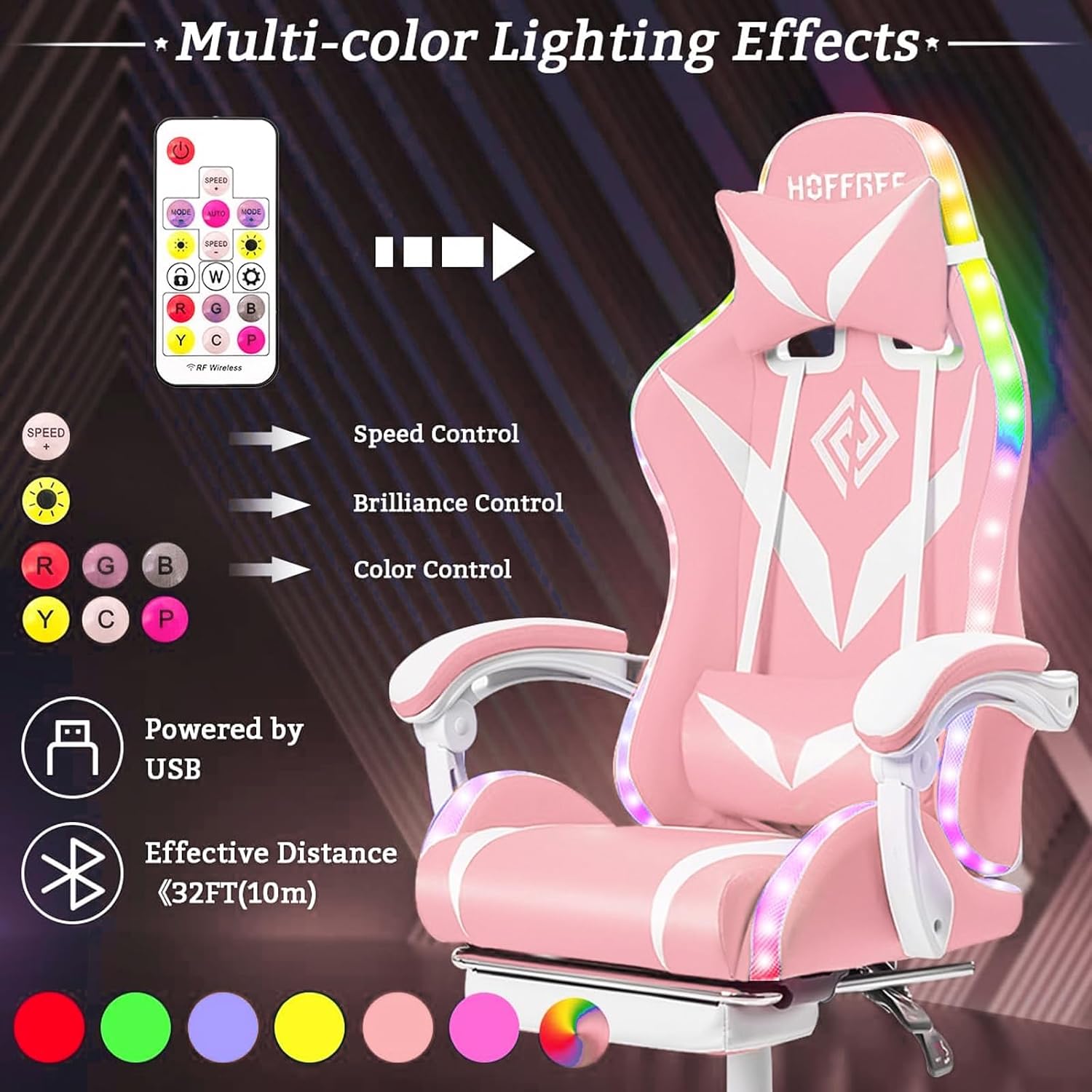 HOFFREE Gaming Chair with LED RGB Lights Massage Ergonomic Video Game Chairs with Footrest High Back Reclining Computer Chair with Adjustable Lumbar Support Pink and White