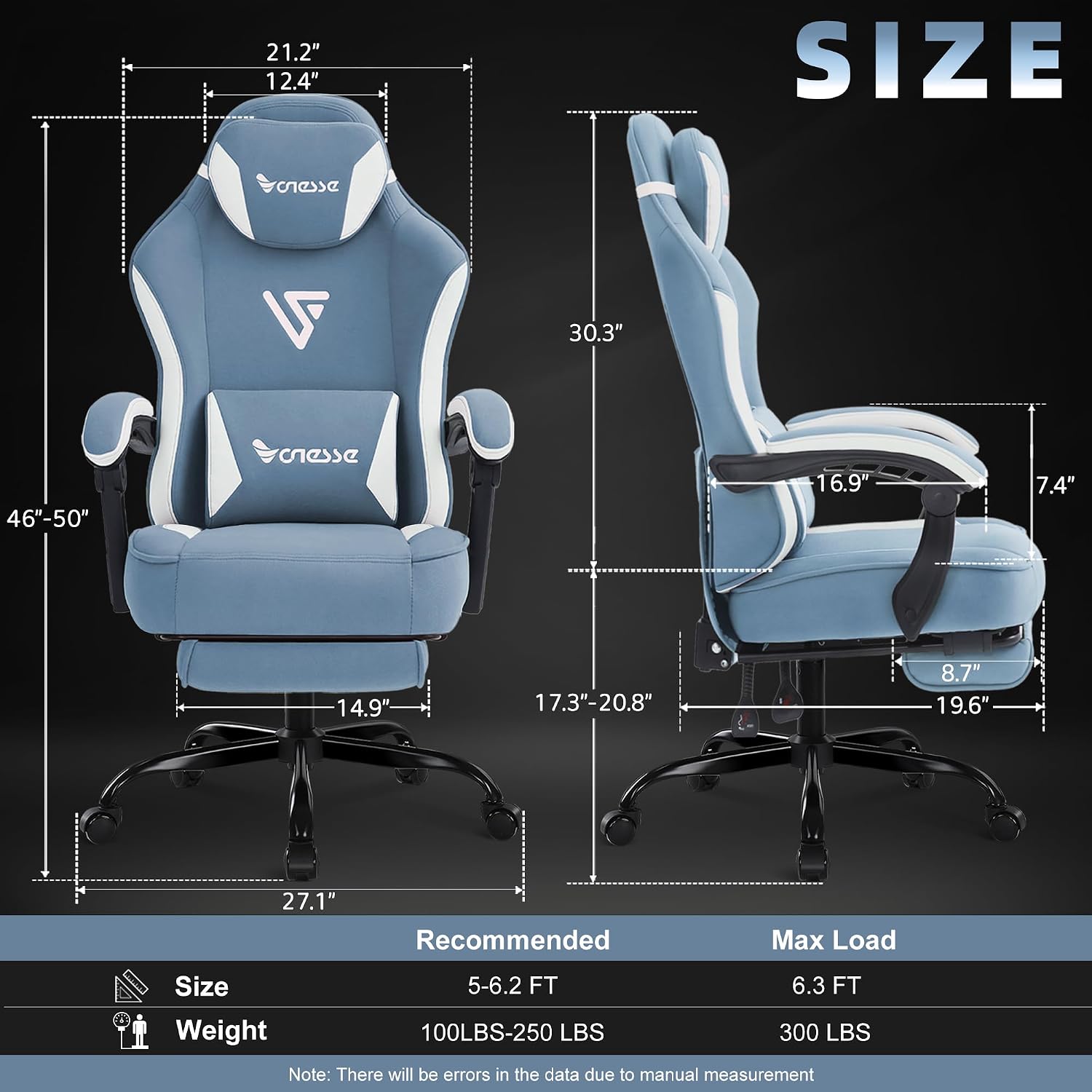 Vonesse Gaming Chair, Computer Chair Fabric with Pocket Spring Cushion, Office Chair with Footrest and Massage Lumbar Support, Reclining Gaming Chairs for Adults 250LBS (Blue)