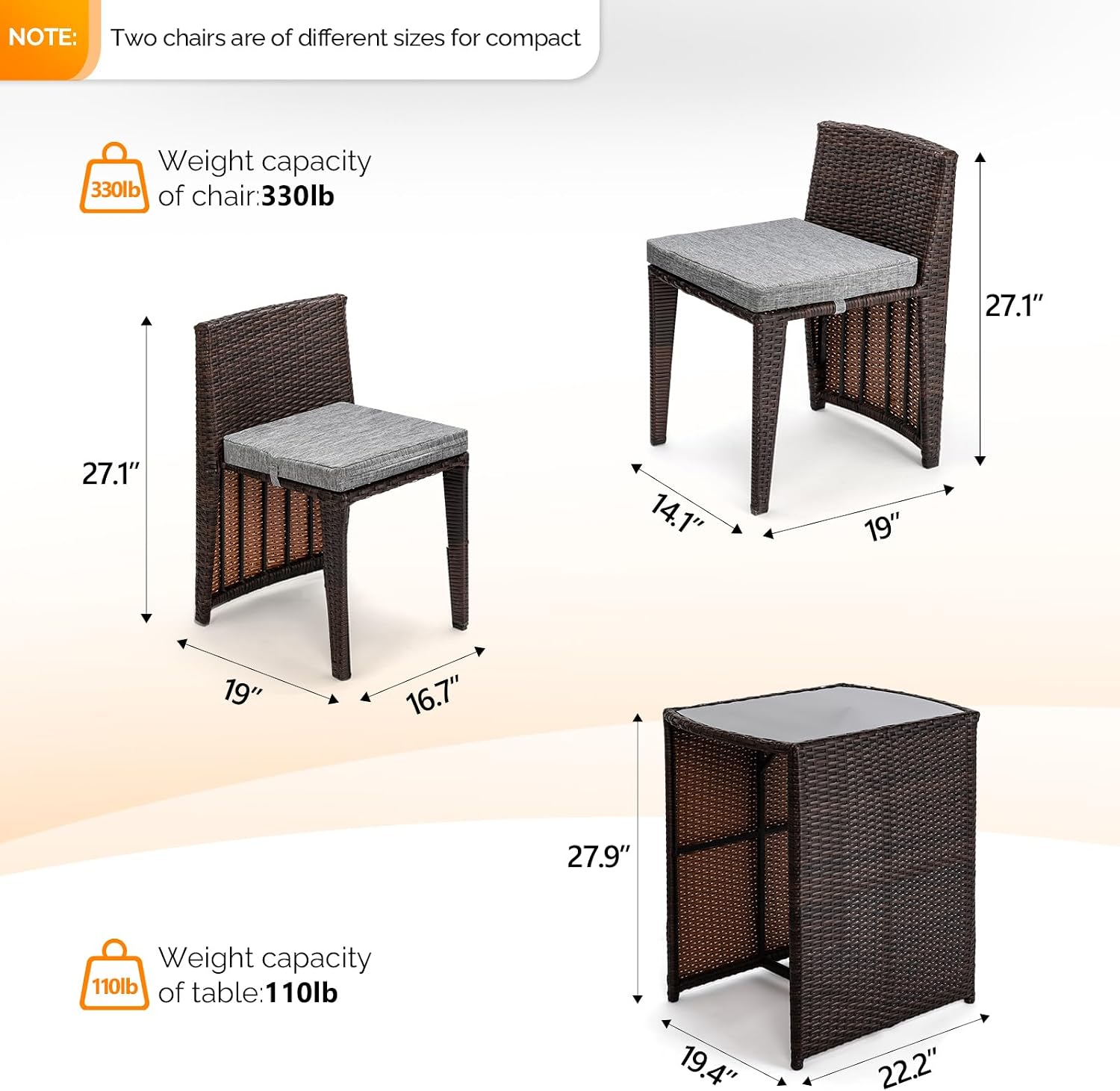 Bonnlo 3 PCS Wicker Outdoor Patio Bistro Set, Patio Furniture Set for Small Space with Glass Top Table Dining Chairs, Balcony Furniture Patio Table and Chairs Set of 2 for Garden Yard Porch (Brown)