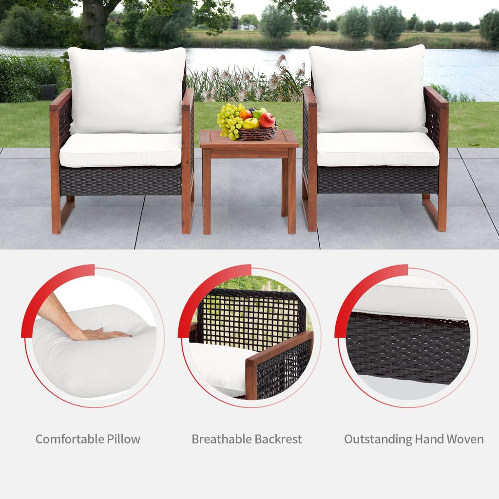 Patio Furniture 3-Piece Acacia Wood Patio Bistro Set Outdoor Chat Conversation Table Chair Set with Water Resistant Cushions and Coffee Table for Beach Backyard Garden,Khaki Cushion