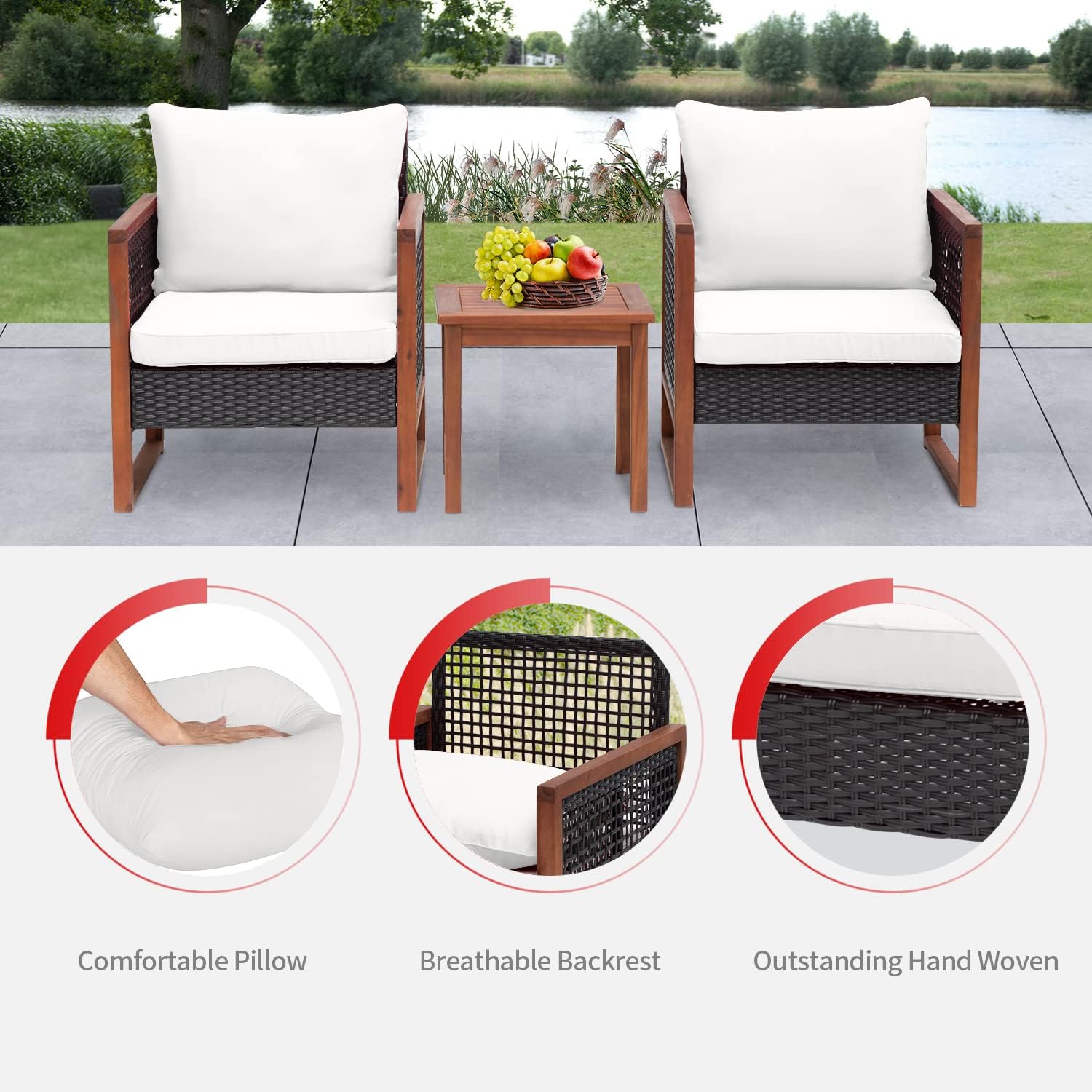 Patio Furniture 3-Piece Acacia Wood Patio Bistro Set Outdoor Chat Conversation Table Chair Set with Water Resistant Cushions and Coffee Table for Beach Backyard Garden,Khaki Cushion